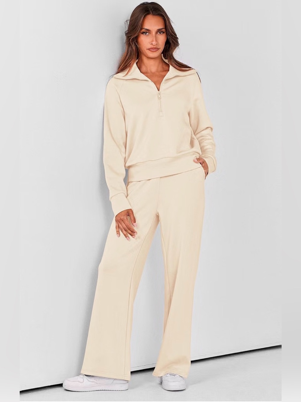 PrettyGarden Lapel Half-Zip Sweatshirt and Wide-Leg Drawstring Lounge Pants